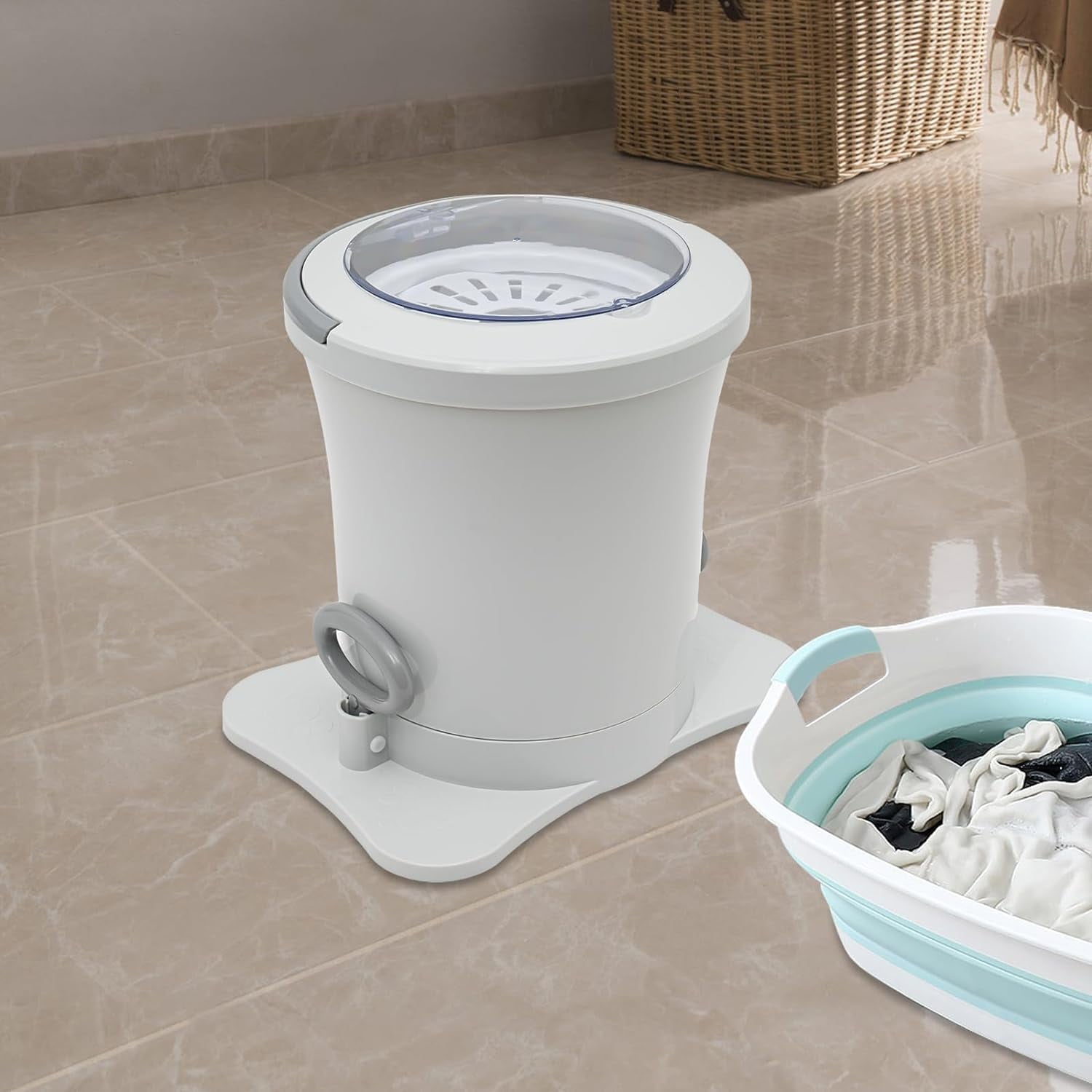 Manual Clothes Dryer Portable Mini Dryer Foot Powered Compact Spin Dryer Machine Non Electric Laundry Dryer for RV Camping Apartment Dorm(White)