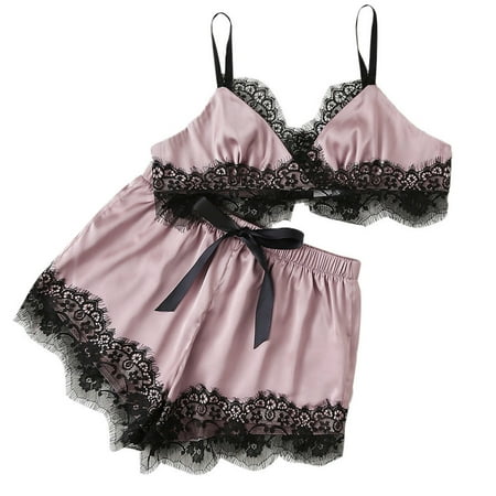 Pink Medium Women Sleepwear Sleeveless Strap Lingerie for Women Nightwear Lace Trim Satin 1/4 Cup Bra Lingerie Plus Size Top Pajama Sets