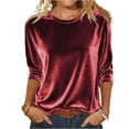 thumbnail image 2 of Huankd 2026 New Women Tops Three Quarter Length Sleeve Velvet T Shirts 3/4 Sleeves Pullover Casual Dressy Velour Tunic Blouses Watermelon Red S, 2 of 8