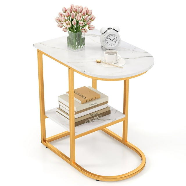 Gymax C-Shaped Side Table Compact 2-tier Storage End Table for Small Space White