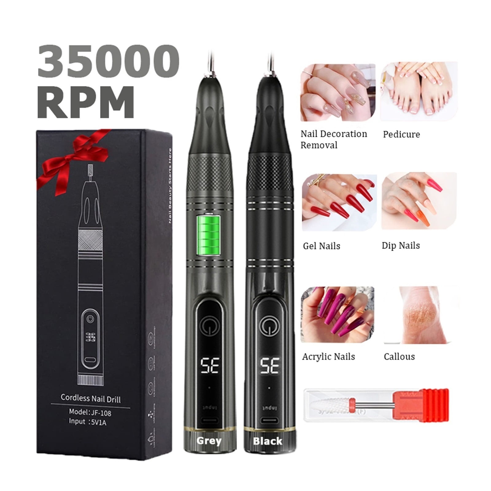 Cordless Nail Drill Electric File, Professional For Acrylic Gel Dip Powder Nails Portable Nail Drill Machine Kit For Manicure Pedicure Nail ,Low Noise