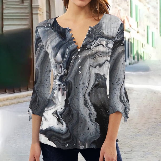 ICHUANYI Clearance Fashion Women's Summer V-Neck 3/4 Sleeve Print Casual T-shirt Blouse(Black, S) ICHUANYI WER2023081004414