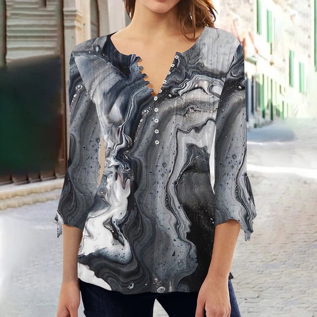 Hauts pour Femmes Mode T-shirt Décontracté à Manches 3/4 Col en V d'Été pour Femmes en Solde