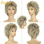 QUEENTAS Blonde Wigs for Women Layered Short Blonde Wig with Highlight Synthetic Pixie Cut Wigs with Bangs Glueless Wig Blonde Mixed Brown
