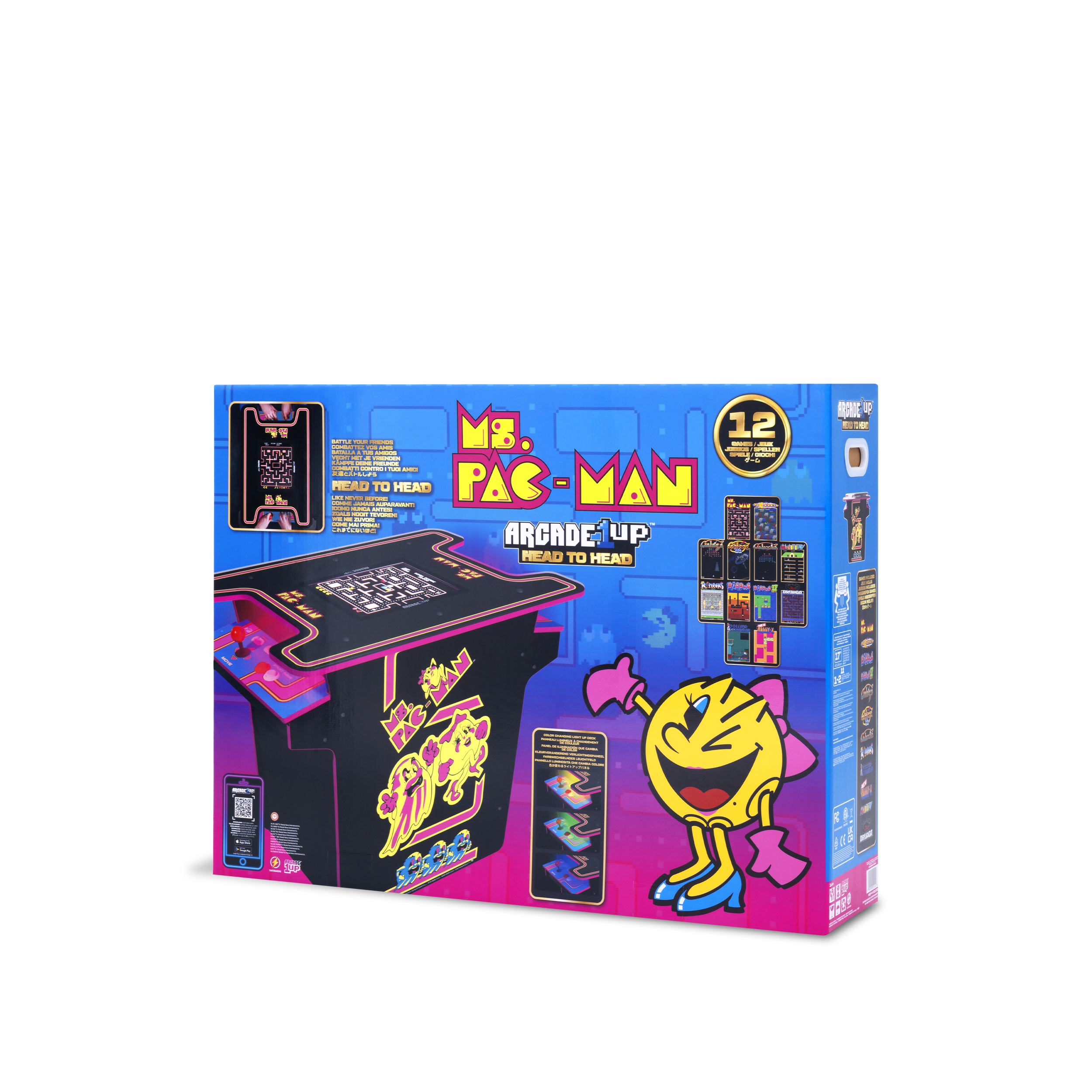 Arcade1Up Ms.PAC-MAN Head-to-Head Arcade Machine – Retro Home Arcade Table with 12 Classic Games, Light-Up Control Deck & Real-Feel Joysticks
