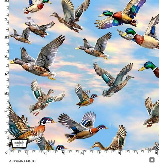 Cotton Autumn Flight Ducks Flying Blue Sky Autumn Mallards Michael Miller Fabrics Blue Cotton Fabric Print by the Yard (DCX12458-SKYX-D)