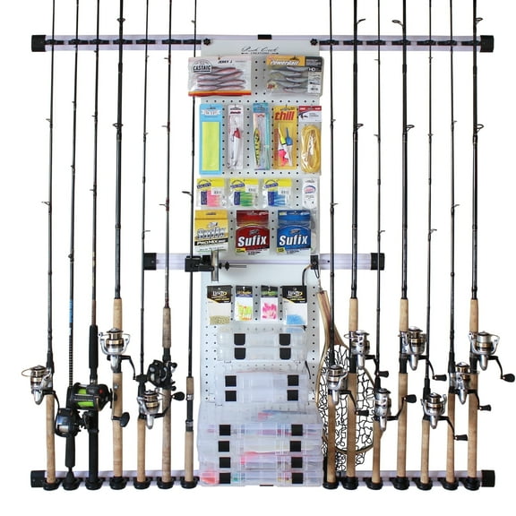 Rush Creek Creations 14-Rod Fishing Holder Rack, Wall Mount Tackle Storage, Modular Garage Unit