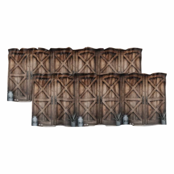 Retro Brown Door Curtain Valances for Windows, Kitchen Valance Window Treatments Panel 2 Pack, Country Vintage Wooden Door Rod Pocket Short Curtains for Bathroom Bedroom 42 x 18 Inch