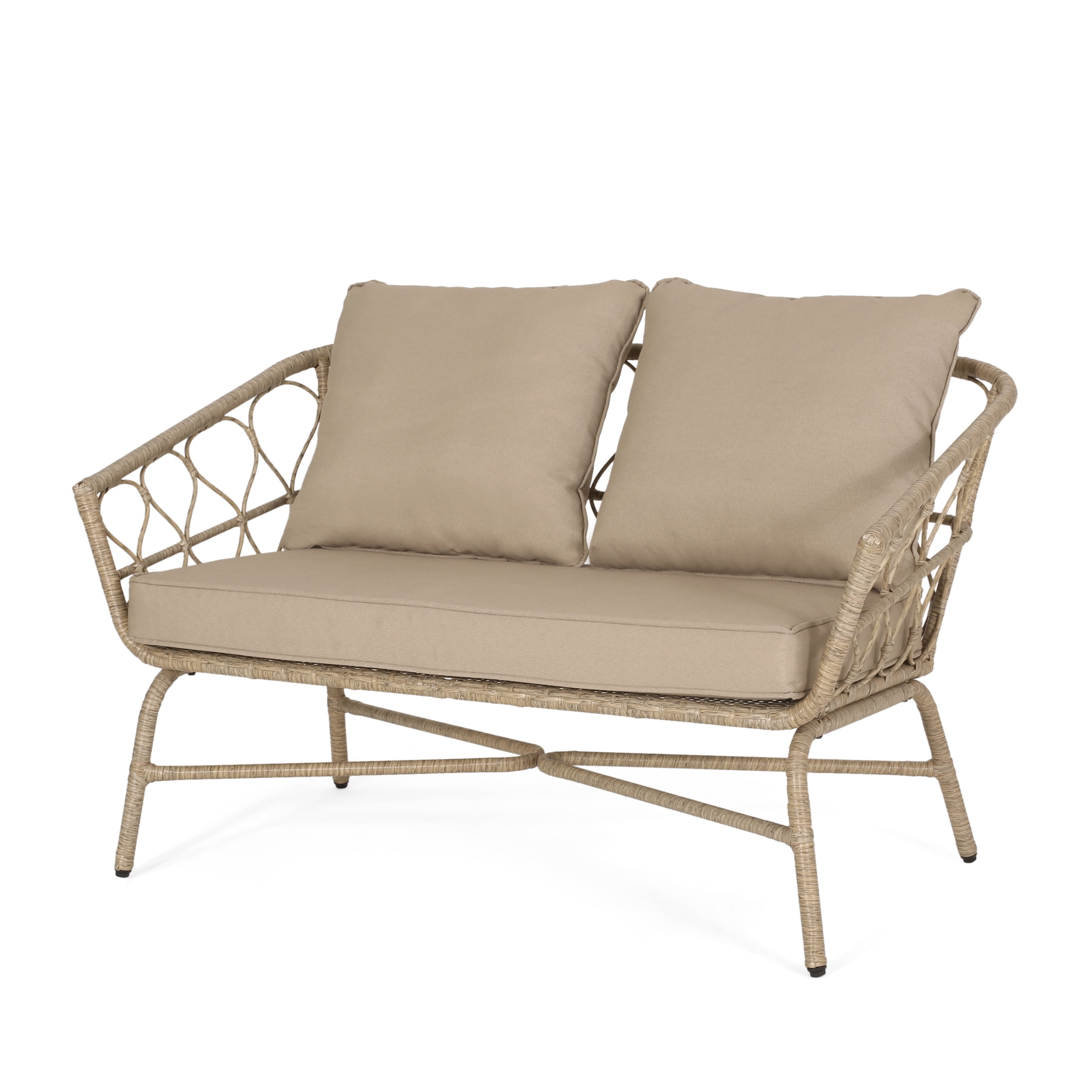 Outdoor Wicker Weave Double Seat Sofa, Leisure Couch for Patio Garden, Light Brown and Beige