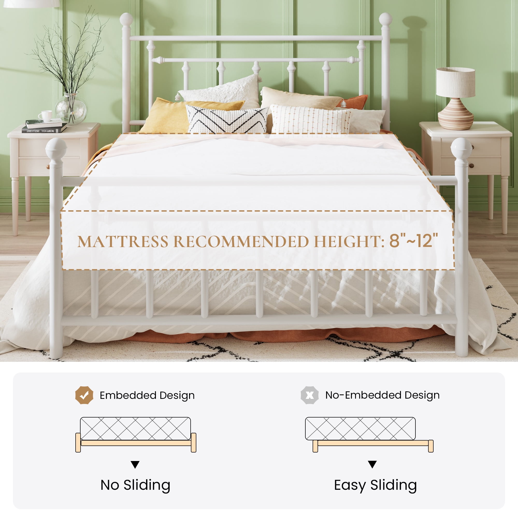 Sha Cerlin White Full Size Metal Platform Bed Frame with Victorian Vintage Headboard & Footboard, Adult