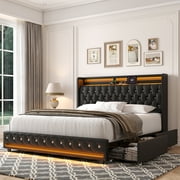 Homfa King Size LED Bed Frame with Outlets and USB Ports & Display Platform, 4 Storage Drawers Modern Wingback PU Leather Crystal Button Upholstered Platform Bed Frame, Black