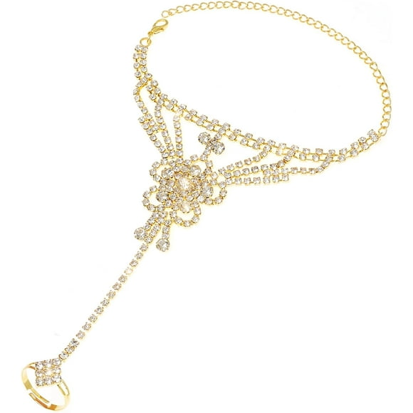 shiyou-Rhinestone Finger Ring Bracelet Crystal Hand Chain Ring Bracelets for Women