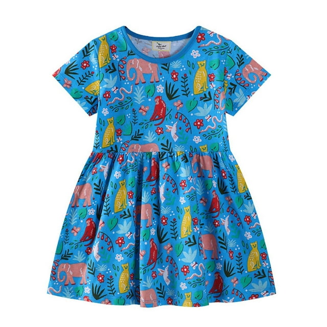 MIASHUI Robe Décontractée à Manches Courtes pour Filles, Col Rond, Ligne A, Dessin Animé, Bleu, 1-2 Ans