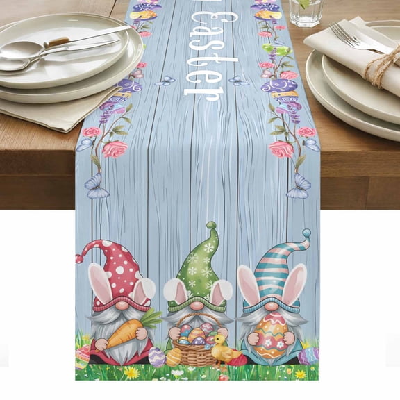 Easter Bunny Gnomes Table Runner - 36 Inch Long, Kitchen Dining Table Runner Dresser Scarves, Spring Easter Eggs Floral Blue Wood Farmhouse Decor for Coffee Tables Wedding Party Banquet