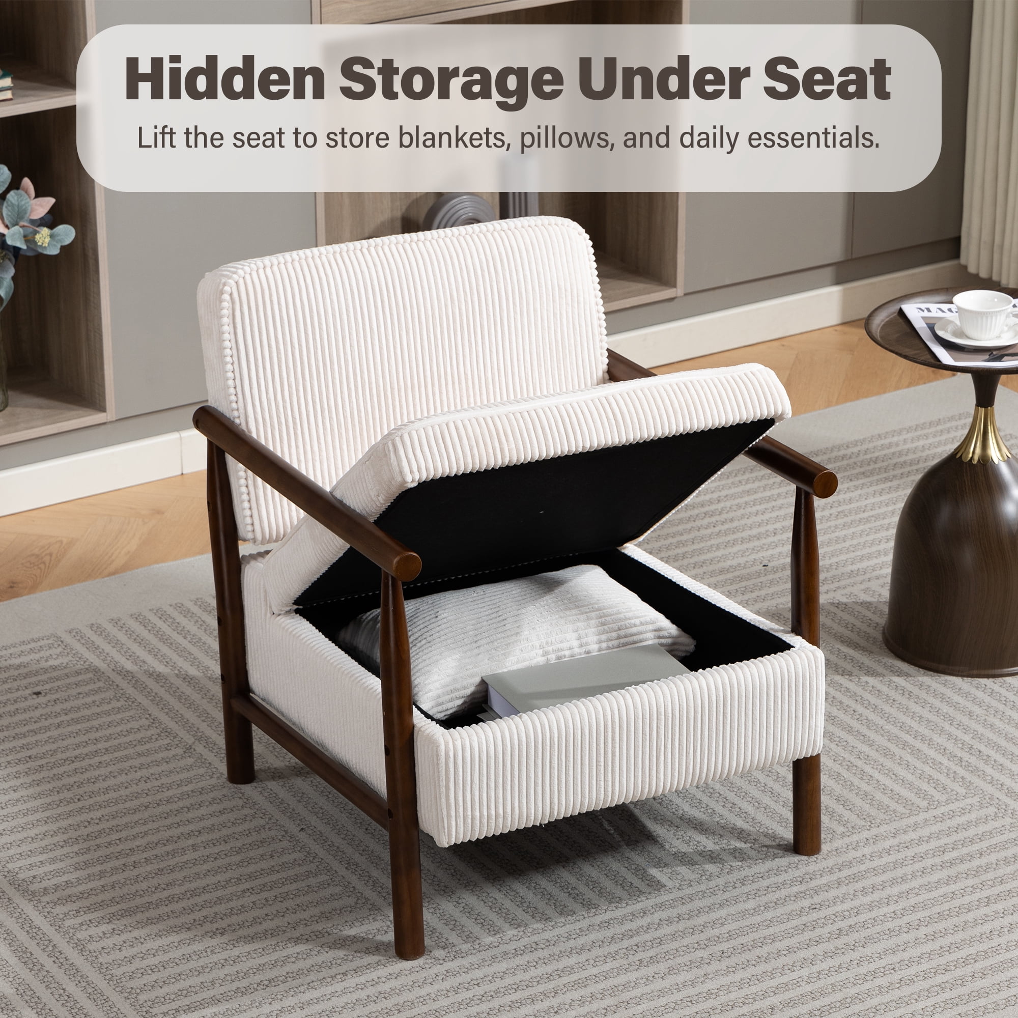 Aukfa Upholstered Accent Chair with Storage Seat & Waist Cushion, High-Density Lounge Armchair for Living Room Bedroom,White