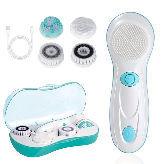 4 in 1 Electric Facial Cleansing Brush, Waterproof Face Scrubber with 4 Brush Heads & Travel Case for Gentle Exfoliation and Deep Pore Cleansing