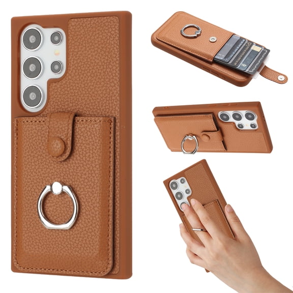 Wallet Phone Case Compatible with Samsung Galaxy S23 Ultra,With 360° Rotatable Finger Ring Holder Kickstand,Card Slots,PU Leather Shockproof Anti-fall Heavy Duty Rugged Phone Case,Brown