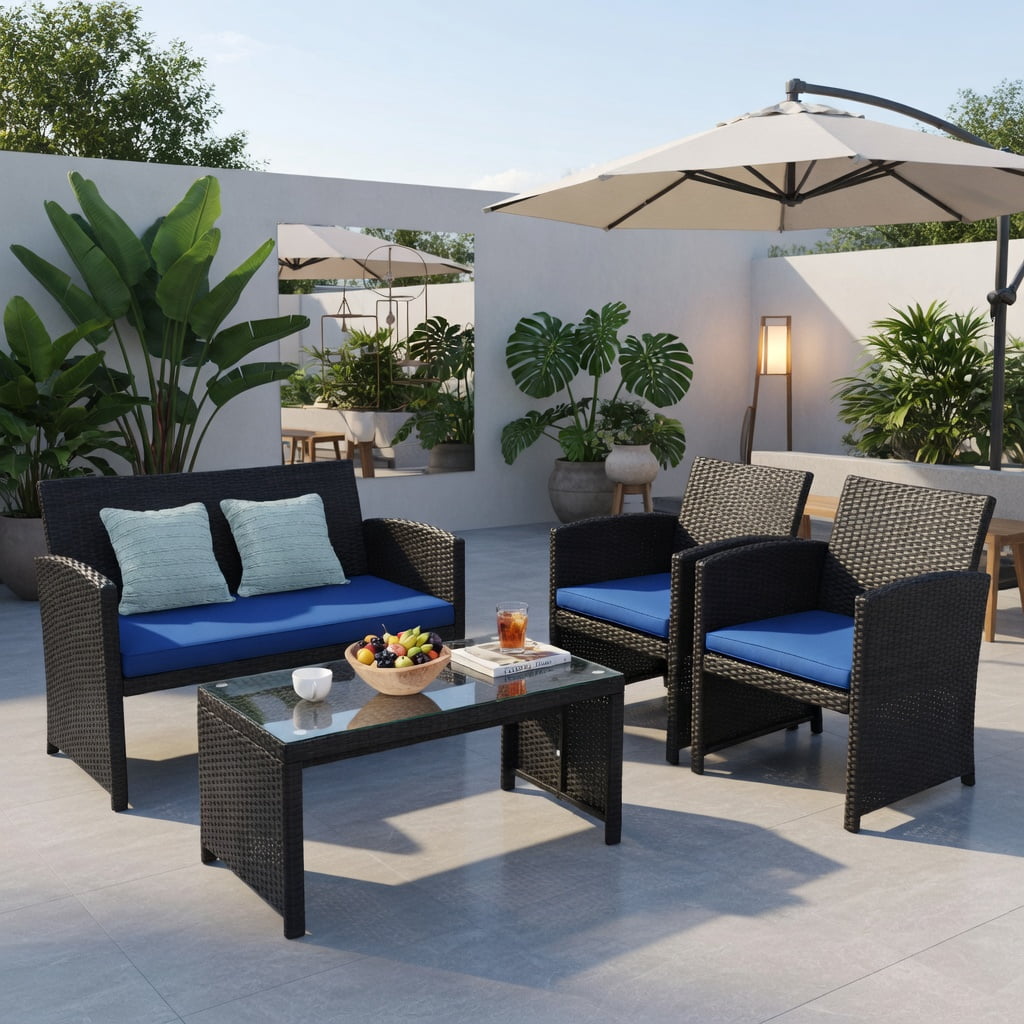 Hommoo 4-Piece PE Rattan Patio Furniture Set with Weatherproof Cushions, Tempered Glass Coffee Table & Heavy-Duty Steel Frame, Navy