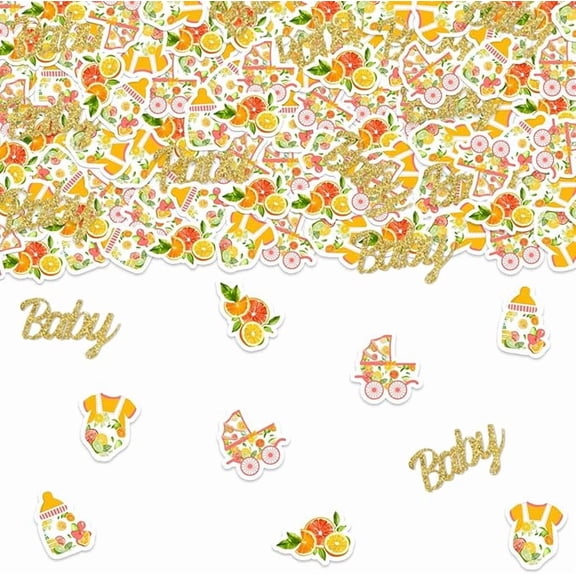 200Pcs Citrus Themed Baby Shower Confettis Little Cutie Baby Shower Decoration Gold Glitter Baby Table Scatter Confettis Citrus Tangerine Lemon Decor for Kids Babys Showers Gender Reveal Supplies