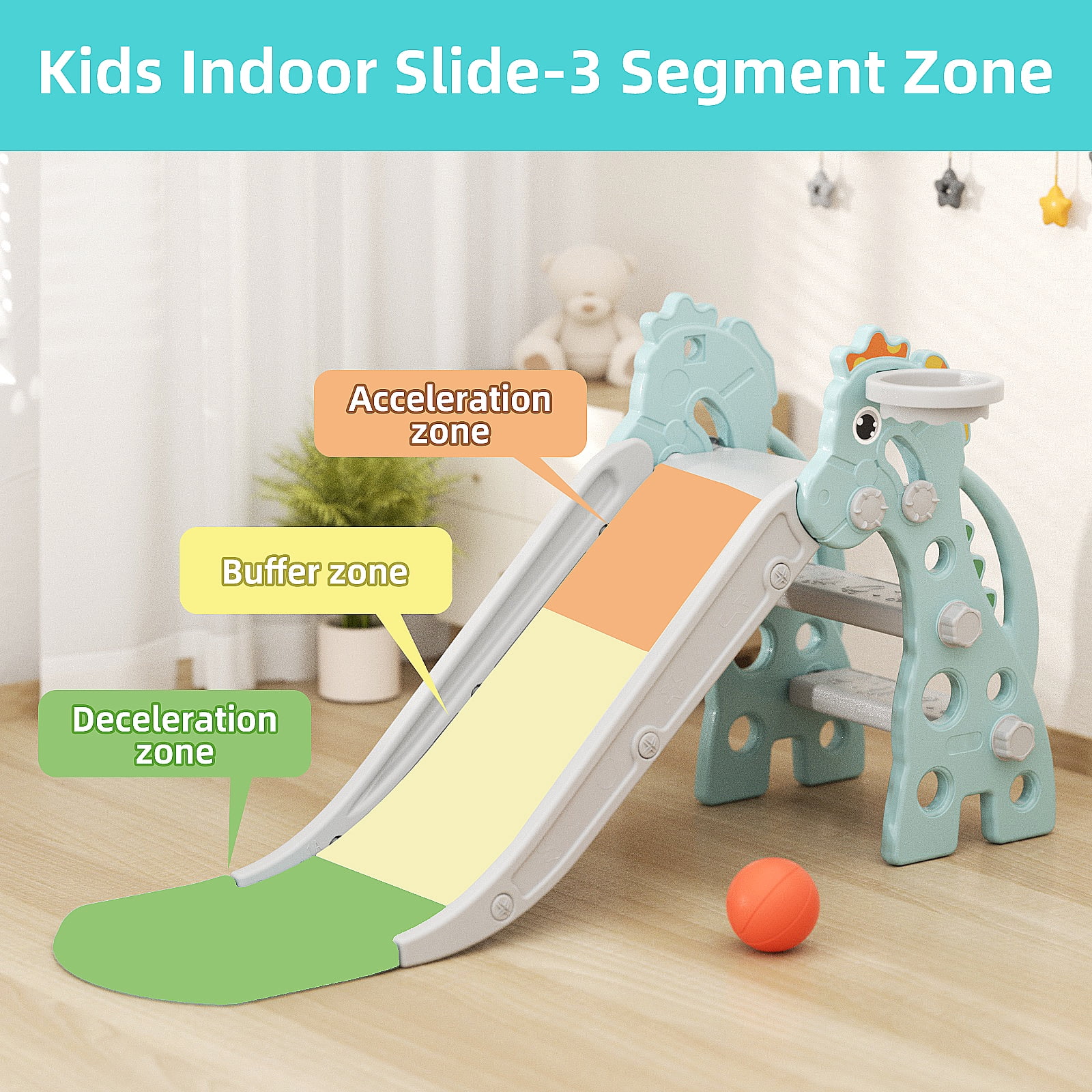 KORIMEFA Toddler Slide Indoor for Toddlers 1-3 Baby Slide Outdoor Playset with Basketball Hoop and Ball Plastic Foldable Slides for Kids Backyard Climber Set,Green