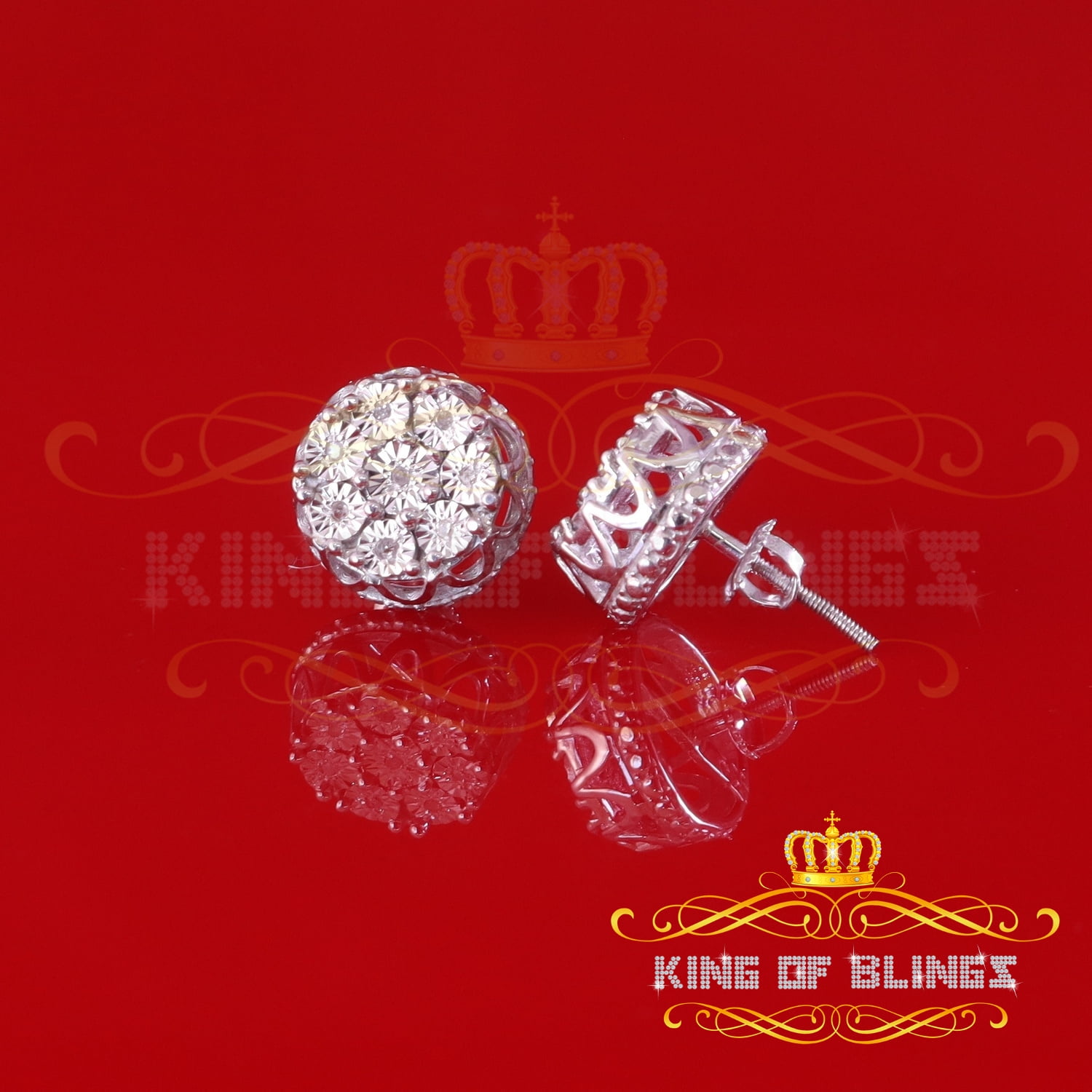 King of Bling's 0.10ct Diamond 925 Sterling White Silver For Men's & Womens Stud Round Earrings