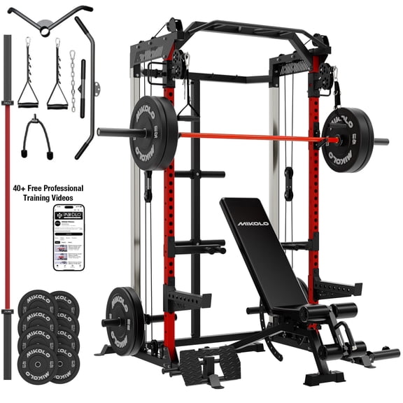 Mikolo Power Cage, Squat Rack With Dual Pulley Cable Crossover System, Multifunction Free Weight Home Gym Workout Machine With Attachments Set(230B)