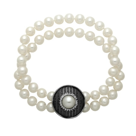 Freshwater Pearl and 1/8 ct Diamond Bead Bracelet in Sterling Silver