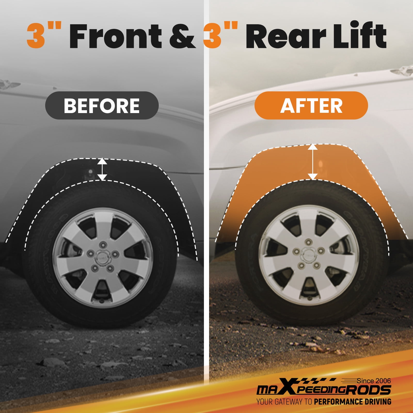 Maxpeedingrods 3'' Front 3" Rear Lift Leveling Kit for Jeep Wrangler JK 2007-2018 Shock Extend