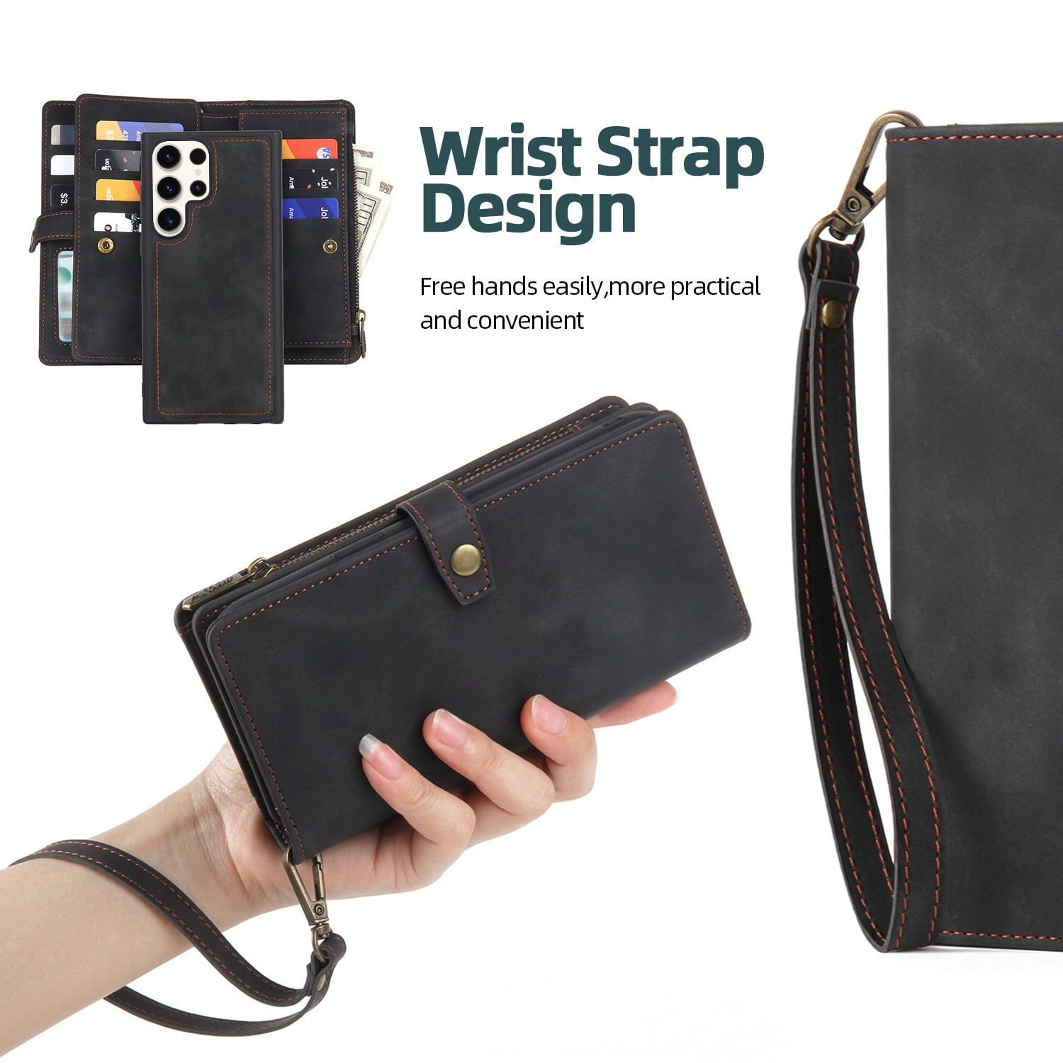 Dteck for Samsung Galaxy S23 Ultra Case, Samsung S23 Ultra Wallet Case for Women Men, PU Leather Flip Lanyard Strap Wristlet Zipper Card Holder Magnetic Detachable Phone Case for S23 Ultra,Black