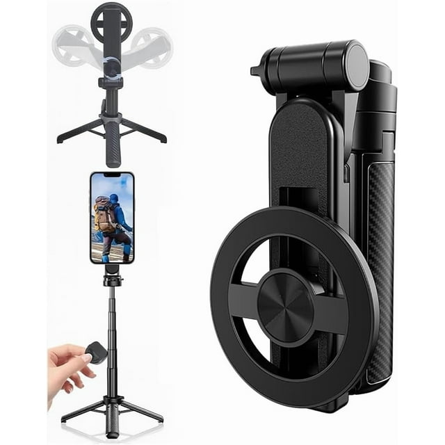 Magnetic Pocket Selfie Stick,Professional Extendable Smartphone Tripod, 4-Section Height Adjustable Stand with Cold Shoe Mounts & Bluetooth Remote, for Stable Mobile Photography