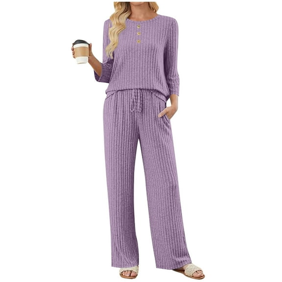 2 Piece Fall Outfits for Women Ribbed Knit 3/4 Sleeve Top and Wide Leg Pant Set with Pockets Casual Loungewear (XL, Purple)