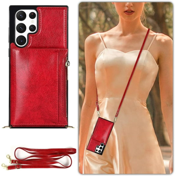 Crossbody Wallet Case for Samsung Galaxy S23 Ultra 5G, PU Leather Zipper Wallet Case with Card Slots with Removable Crossbody Wrist Strap Kickstand Magnetic Flip Case Cover - Red