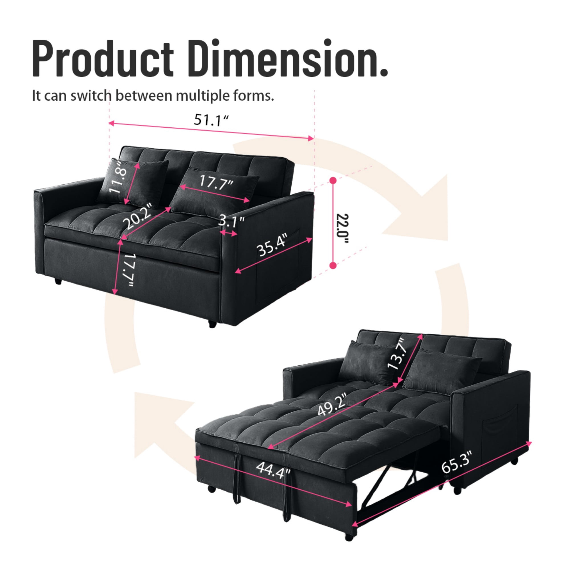 BSHTI 51.1" Pull-Out Sleeper Sofa Bed, Twin-Size Fold Out Sleeper, With 3 Angles Backrest Reclined, Velvet Upholstery, Side Storage Pocket and Two Pillows, Black