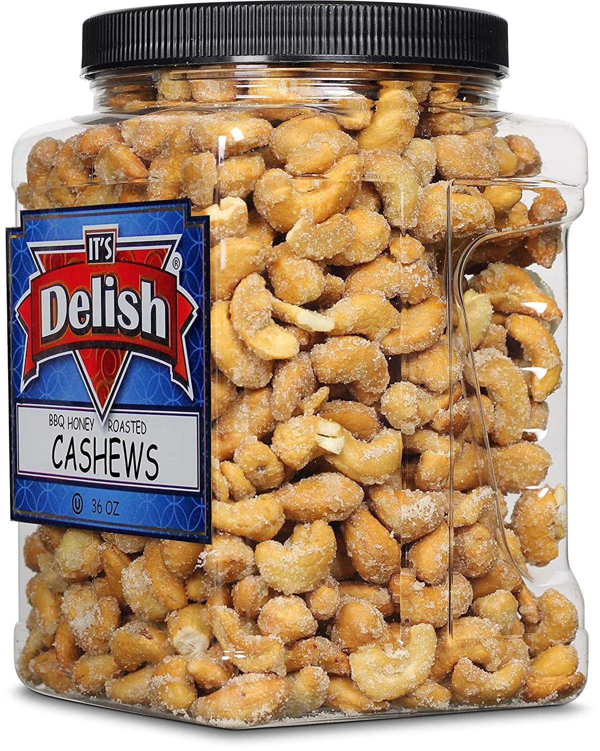 BBQ Honey Roasted Cashews by It's Delish, 36 Oz Reusable Jumbo Container Gourmet Cashew Nuts in Honey Sugar Coating and Barbecue Seasoning, Sweet & Savory Nut Snack - Vegan, Kosher Parve