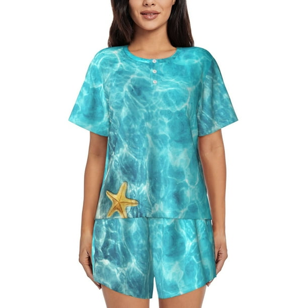 Fotbe Coral And Seashell On The Beach Conjunto de Pijama Estampado para Mujer, 2 Piezas, Ropa de Dormir con Camiseta de Manga Corta y Shorts Suaves-Large
