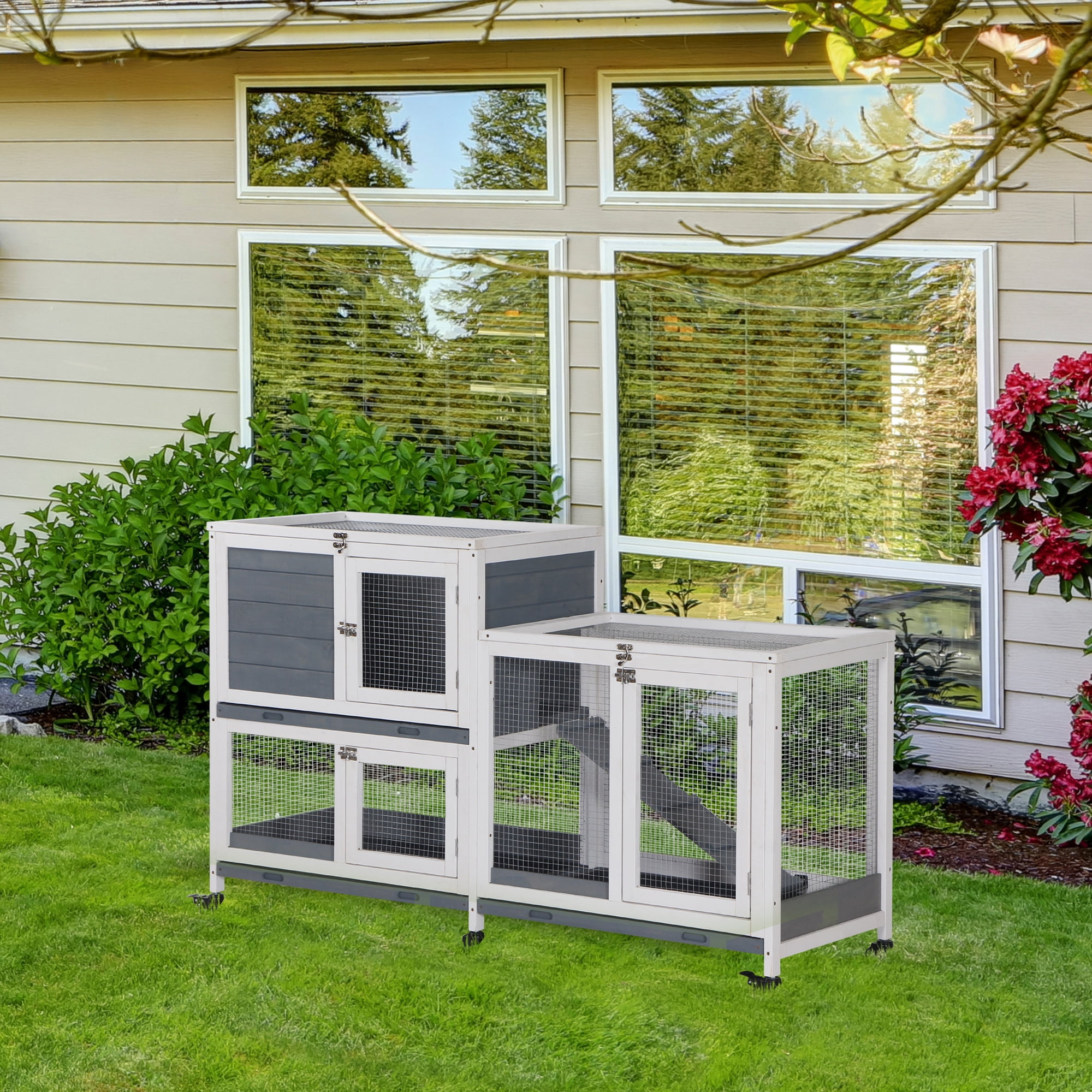 Wooden Rabbit Hutch Bunny Hutch Elevated Pet House Cage Small Animal Habitat with No Leak Tray Lockable Door Openable Top for Indoor 57.75" x 18" x 32.5" Grey