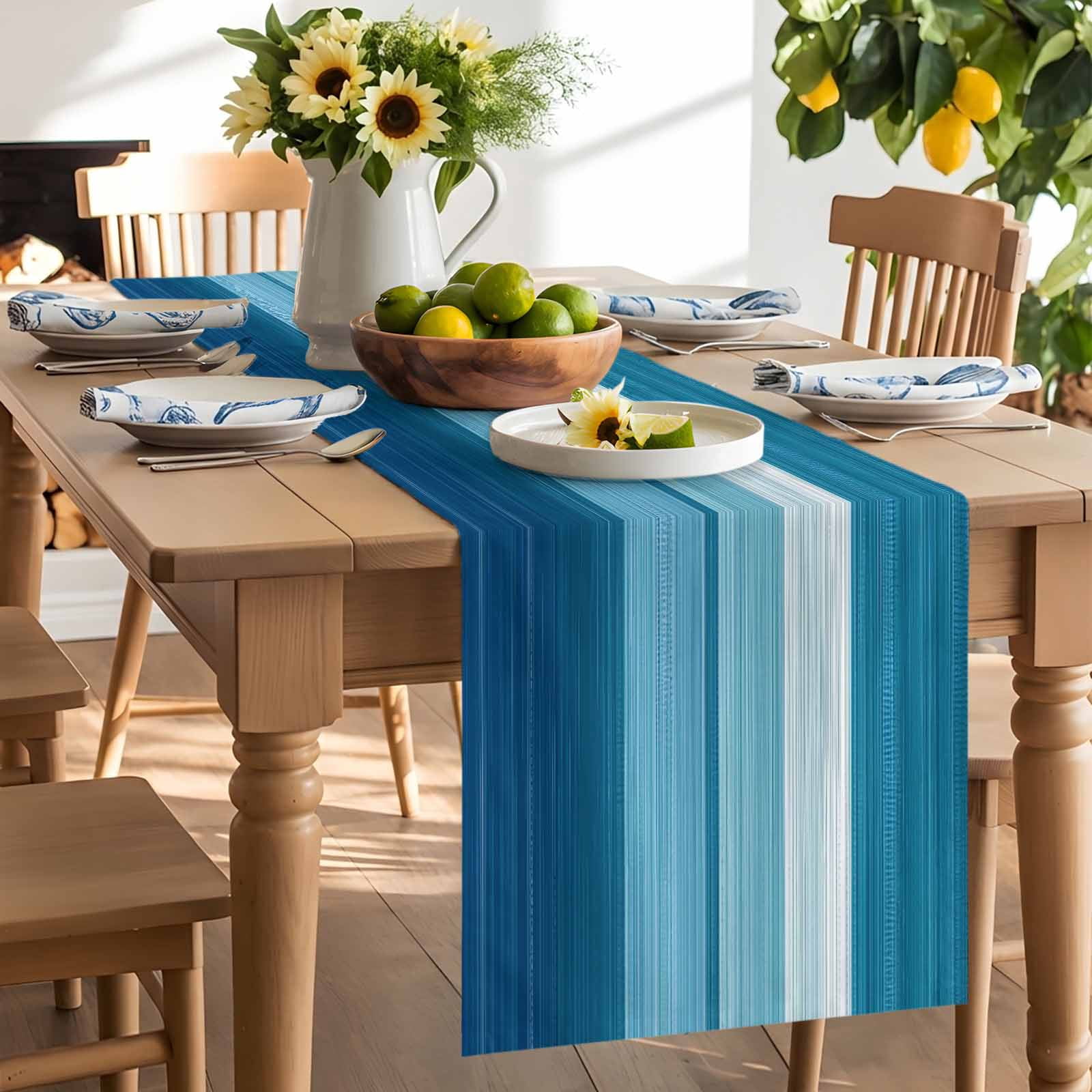 Blue White Gradient Ocean Wave Table Runner 90 Inches Long, Abstract Geometric Line Table Runners Tabletop Scarf Kitchen Dining Tables Decoration for Home Party Indoor Outdoor