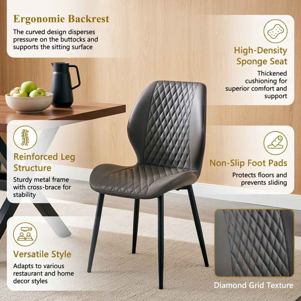 Hommoo Set of 4 Modern Light Luxury Diamond-Quilted PU Dining Chairs, Ergonomic Upholstered Chairs with Sturdy Metal Legs for Dining Room, Cafe, or Home Office, Dark Gray