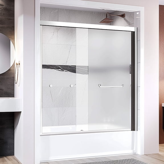 FDIDY 56"-60"W x 58"H Semi-Frameless Bathtub Shower Door, Chrome Double Sliding Bypass Tub Door, 1/4" (6mm) Thick SGCC Tempered Glass with Explosion-Proof Film