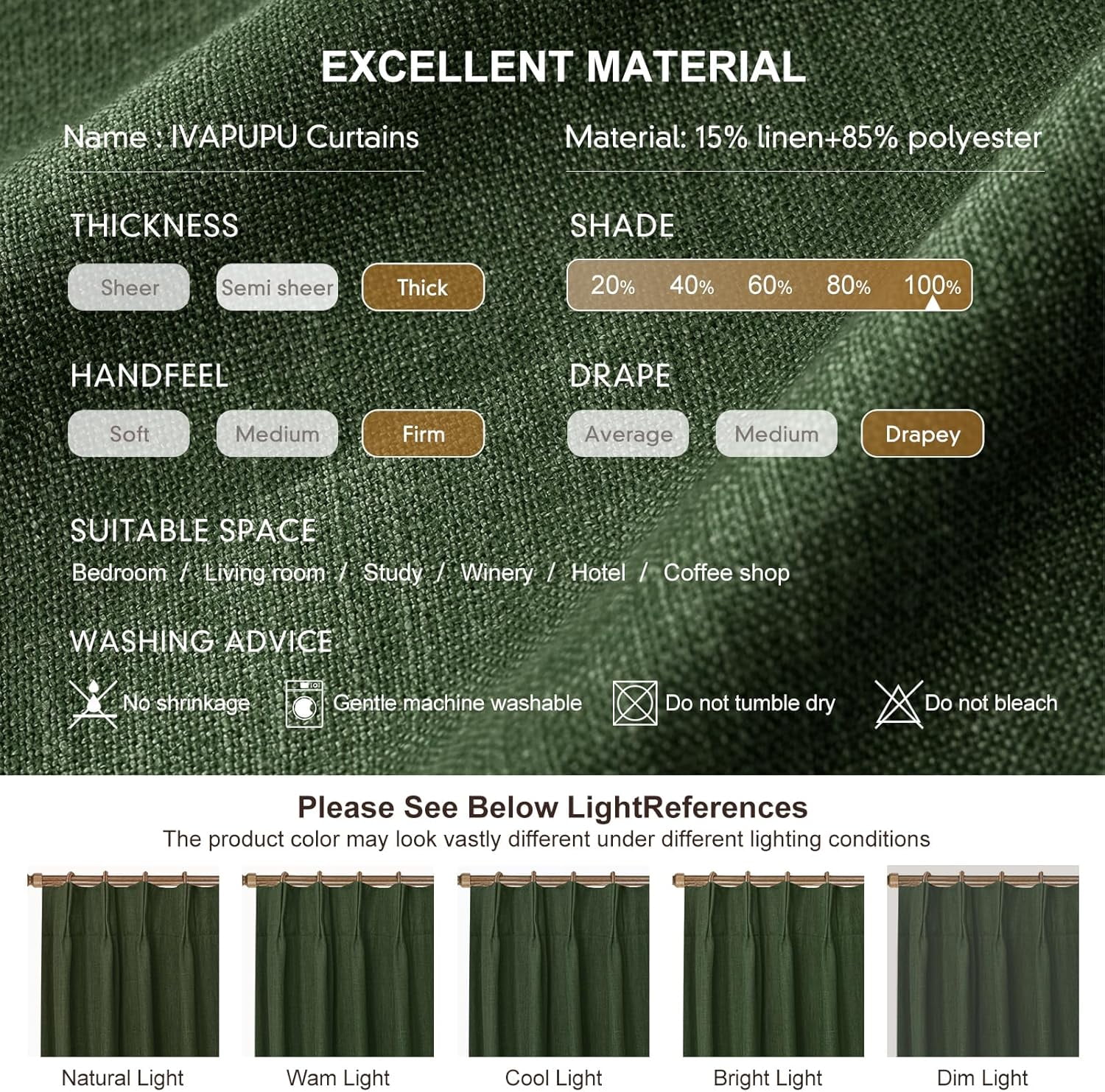 Galenzoov 40*108 inch Pinch Pleated Linen Curtains - 100% Black Out, Thermal Insulated Living Room Bedroom Curtain Double Layer Room Darkening Drapes with Hooks, 2 Panels, Olive Green