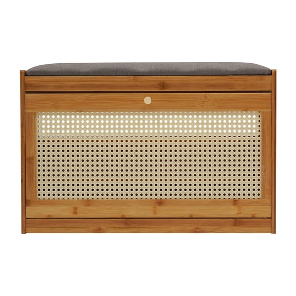 ToppiJoy 2-Tier Shoe Storage Bench with Cushion, Shoe Bench with Storage, Shoe Stool for Entryway, Living Room (Wood)