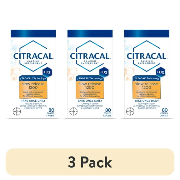 (3 pack) Citracal Slow Release 1200 Calcium with Vitamin D3, Bone Health Support, Coated Caplets, 80 Count