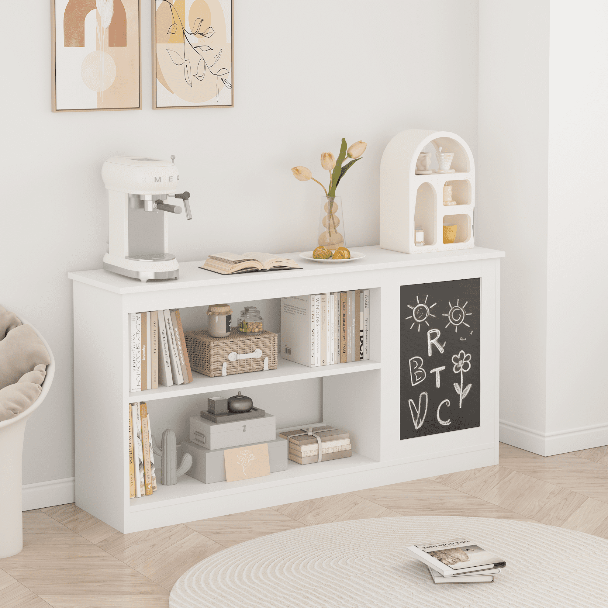 Yoneston 3-in-1 Kids Storage Cabinet with Chalkboard, Kids Bookshelf with 2 Open Shelves & Toy Bin for Bedroom Playroom, White