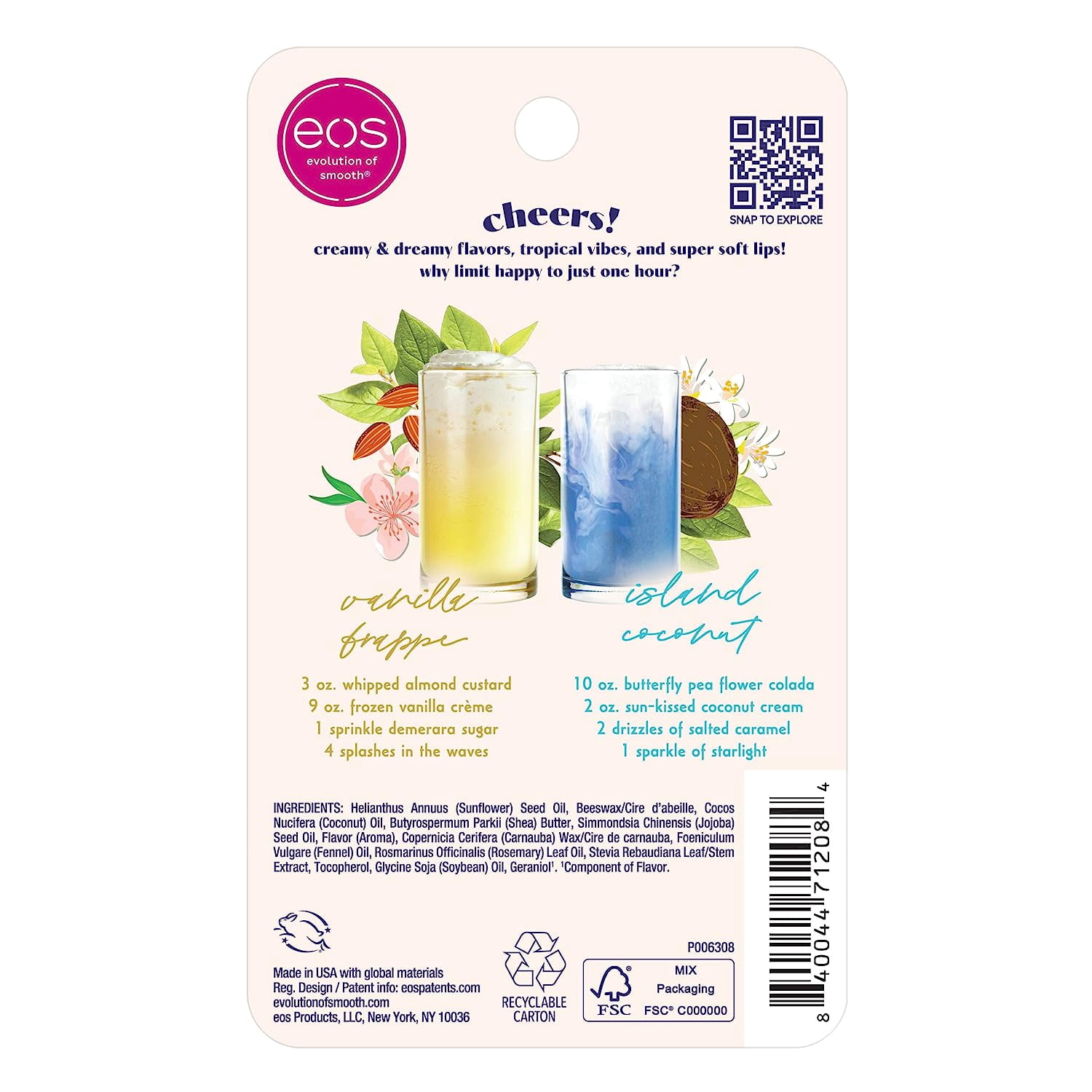 Eos Lip Balm Set- Island Coconut & Vanilla Frappe, 0.14 oz, Pack of 2