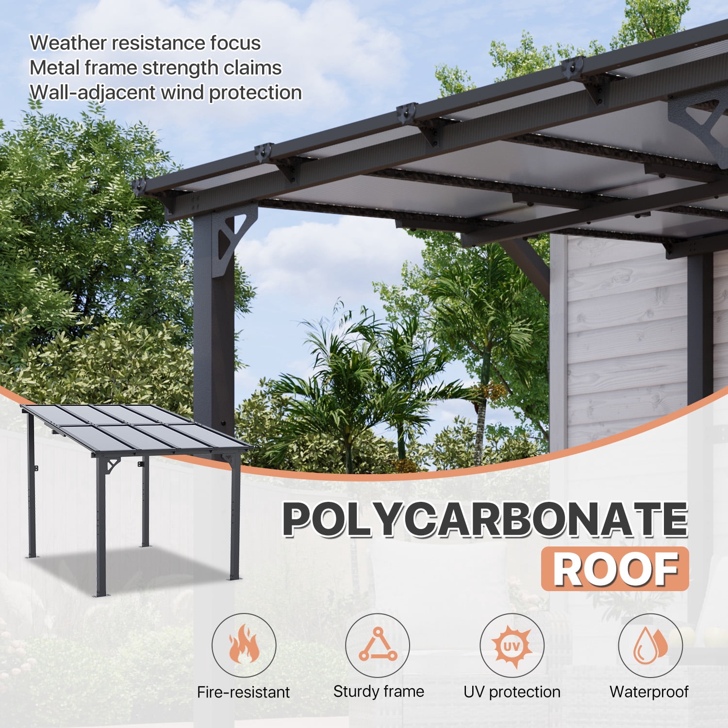 BaPiPro 8'x10' Hardtop Gazebo, Wall Mounted Lean-To Pergola for Patio, Aluminum Frame & Polycarbonate Roof, Waterproof Outdoor Canopy for Backyard, Porch, Deck