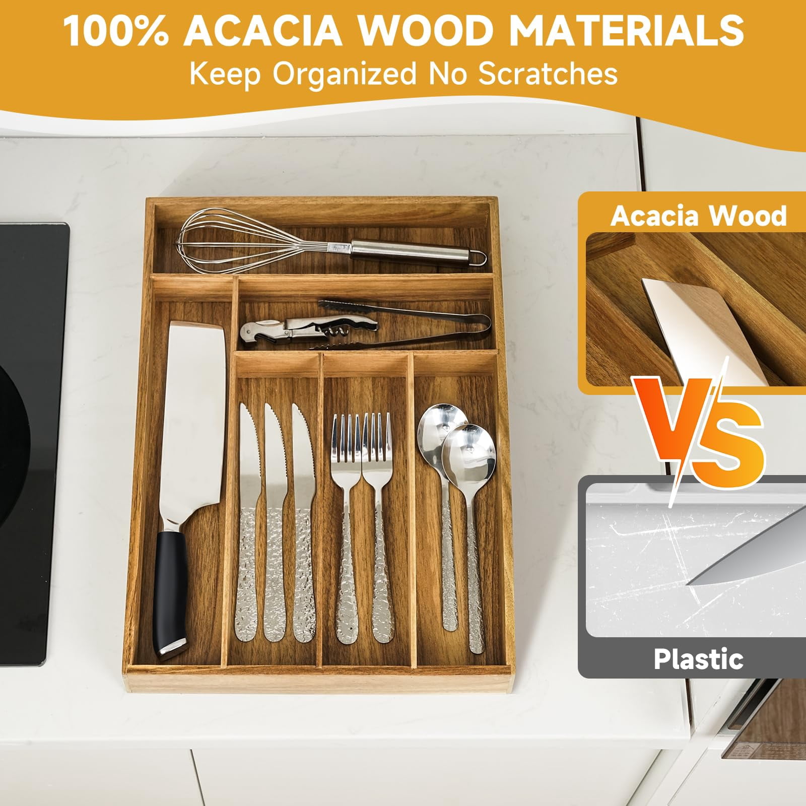 Acacia Wood Silverware Organizer, Kitchen Drawer Organizer for Flatware, Wooden Utensil Holder and Cutlery Tray with Grooved Drawer Dividers, 6 Compartment Utensil Tray for Forks, Spoon, Knives