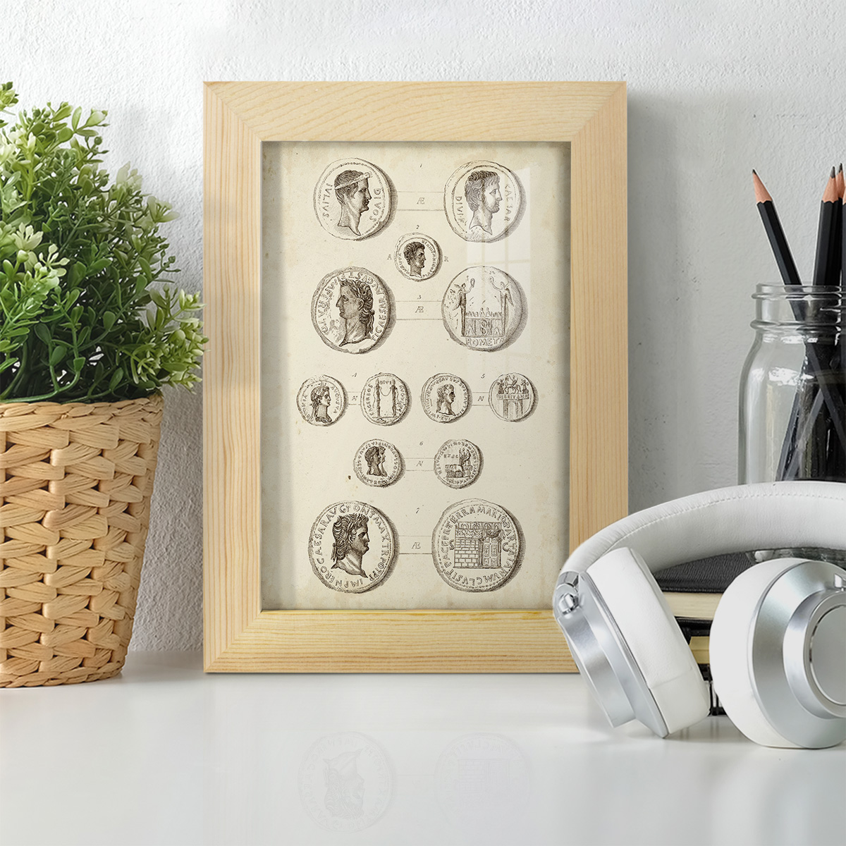 Antique Roman Coins I -Framed Print w/glass-Natural Wood