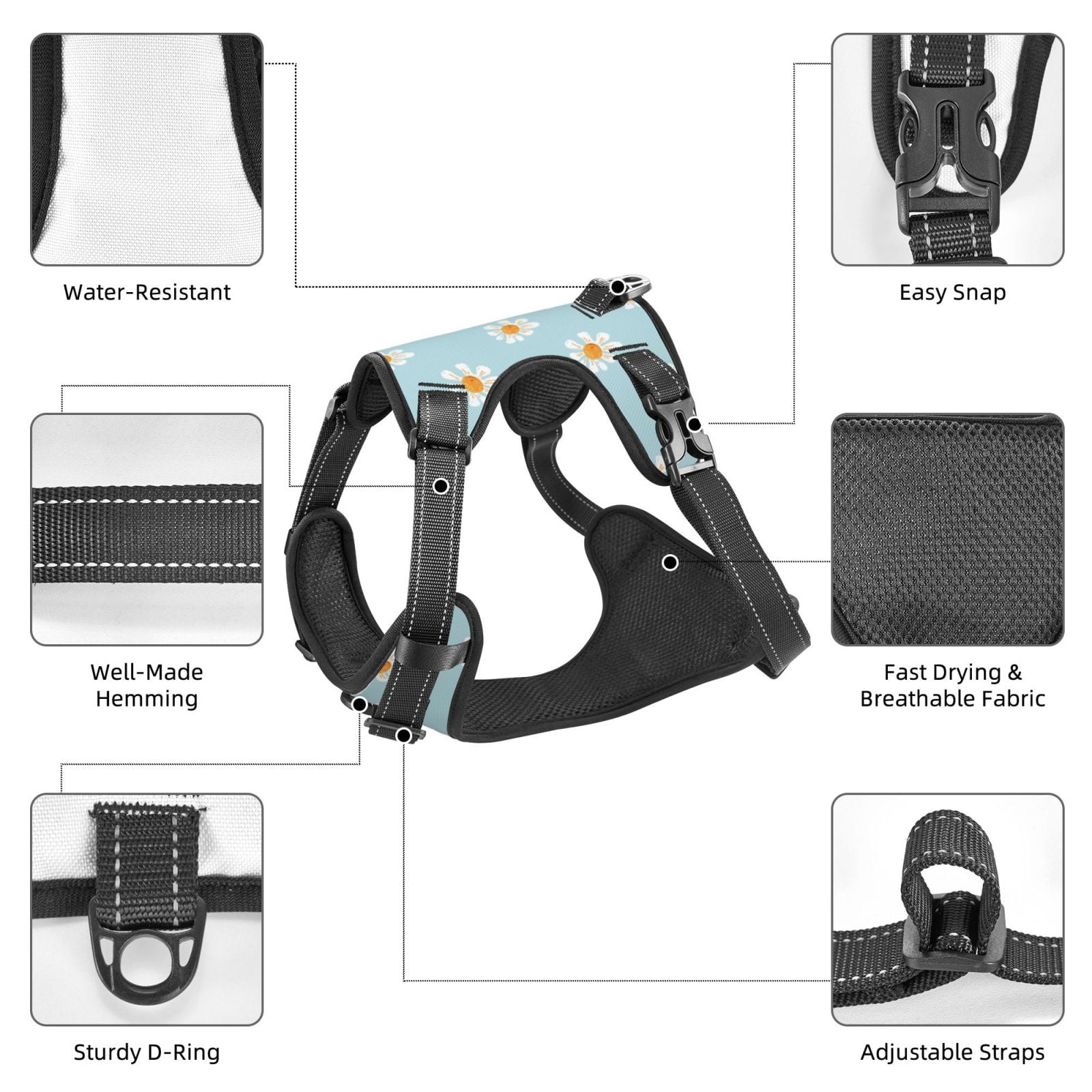 Kdxio Daisies Flowers Print No Pull Dog Harness Adjustable Reflective Oxford Easy Control Medium Large Dog Harness for Training and Everyday-X-Large
