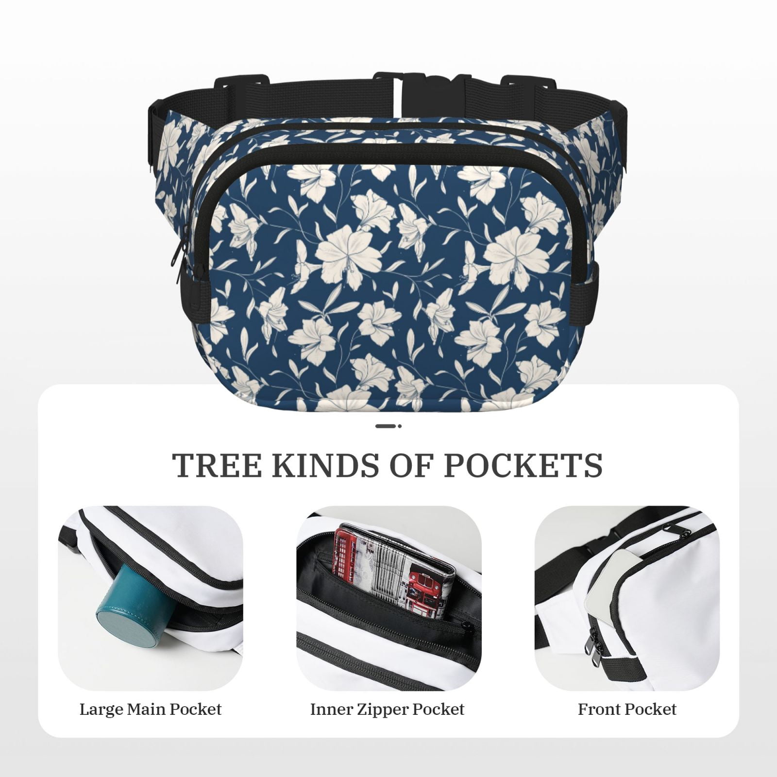 Picia Lilies Flowers Print Square Double-Layer Waist Bag Mini Adjustable Waist Belt Bag Exercise Running Travel Hiking