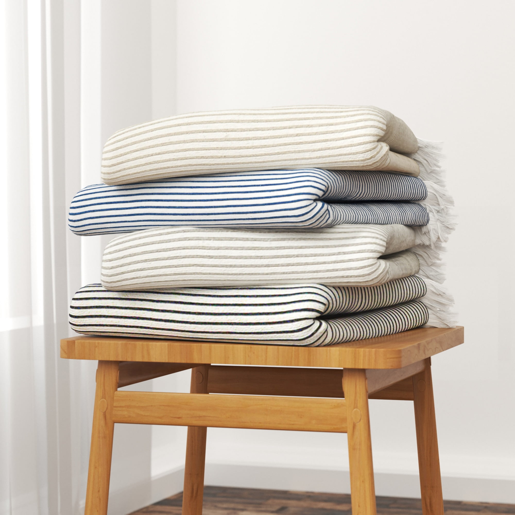 Ox Bay Hampton 50" x 60" Blue/White Striped Cotton Adult Decorative Throw Blanket